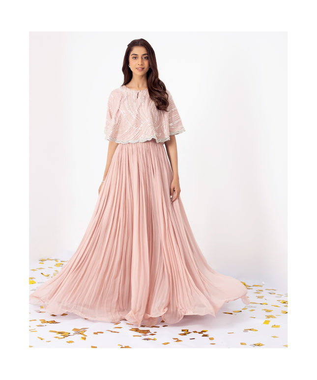ELLA PINK | Pink Chiffon Embellished Cape Dress