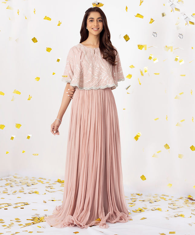 ELLA PINK | Pink Chiffon Embellished Cape Dress