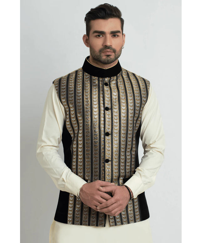 Elegant Black Jamavar Silk Waistcoat