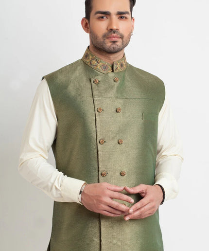 Elegant Light Olive Textured Waistcoat