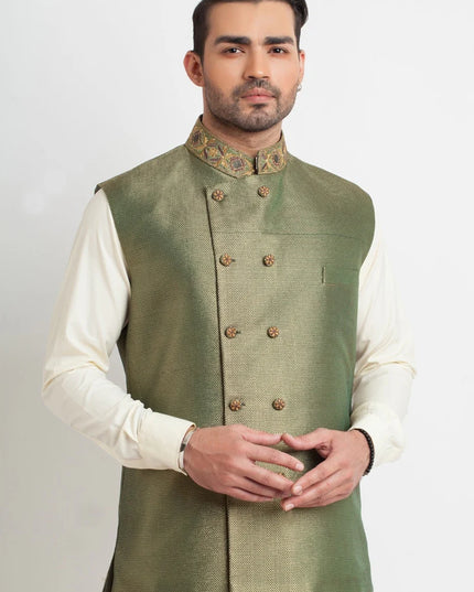 Elegant Light Olive Textured Waistcoat