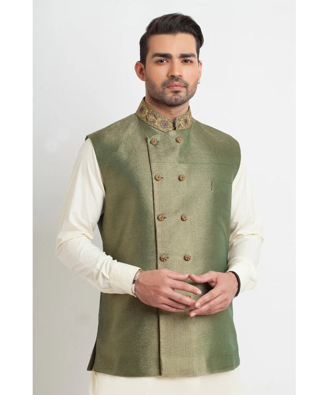 Elegant Light Olive Textured Waistcoat