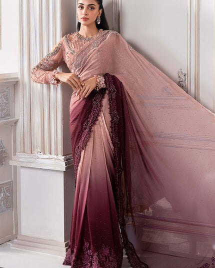 Maria B | Pink Embroidered Chiffon Saree