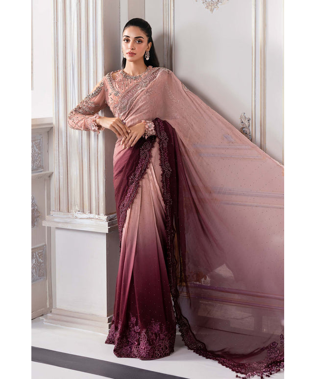 Maria B | Pink Embroidered Chiffon Saree