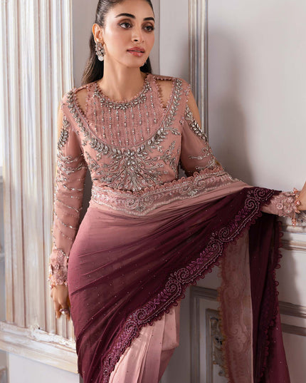 Maria B | Pink Embroidered Chiffon Saree