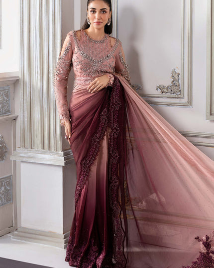 Maria B | Pink Embroidered Chiffon Saree