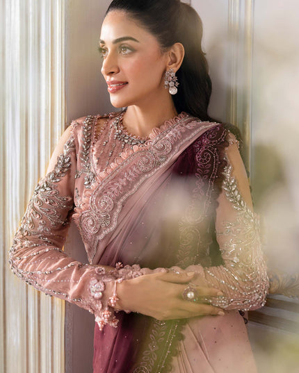 Maria B | Pink Embroidered Chiffon Saree