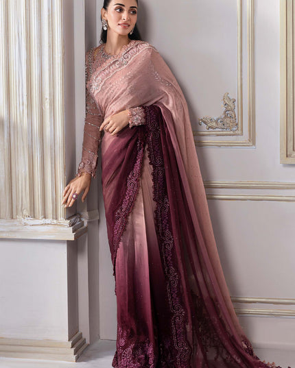 Maria B | Pink Embroidered Chiffon Saree
