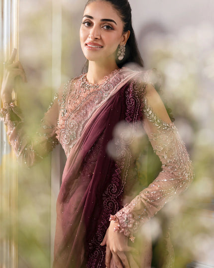 Maria B | Pink Embroidered Chiffon Saree
