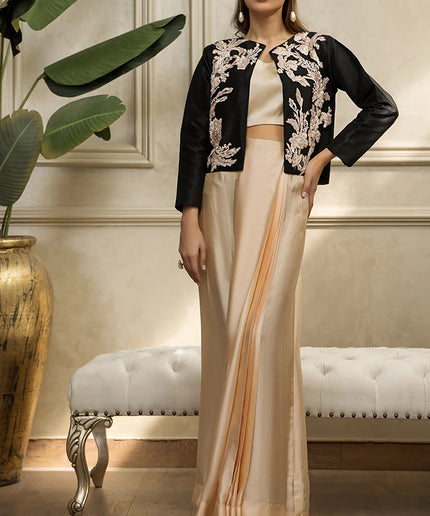 Black Embroidered Jacket With Tube And Skirt