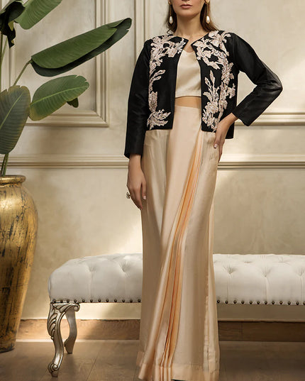 Black Embroidered Jacket With Tube And Skirt