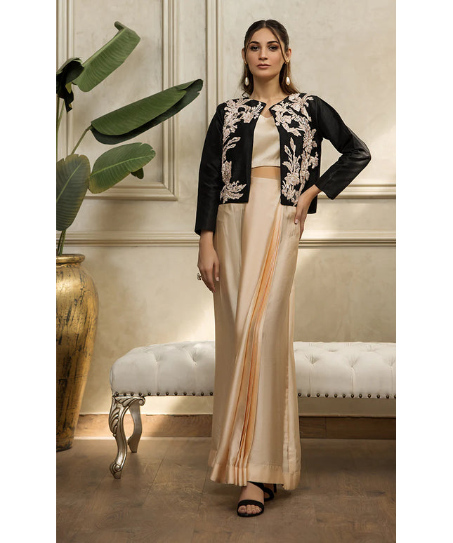 Black Embroidered Jacket With Tube And Skirt