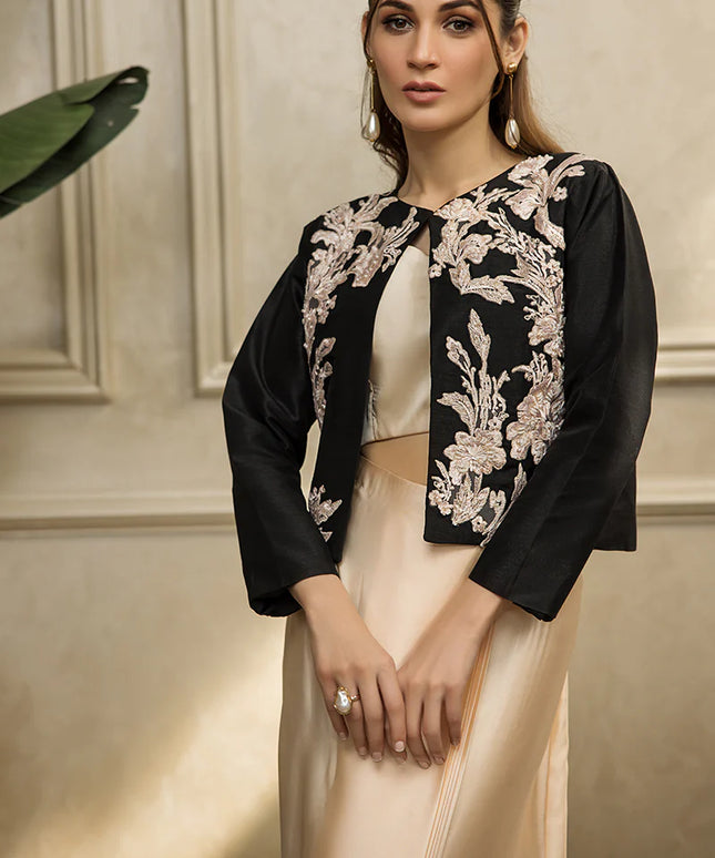 Black Embroidered Jacket With Tube And Skirt