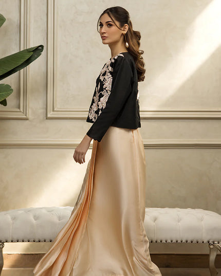 Black Embroidered Jacket With Tube And Skirt
