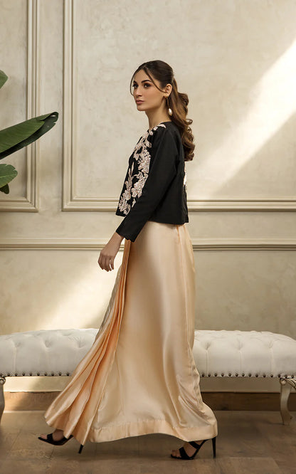 Black Embroidered Jacket With Tube And Skirt
