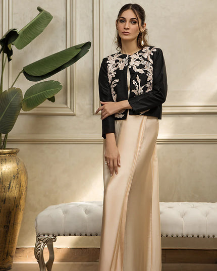 Black Embroidered Jacket With Tube And Skirt