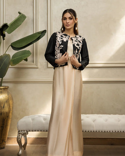 Black Embroidered Jacket With Tube And Skirt