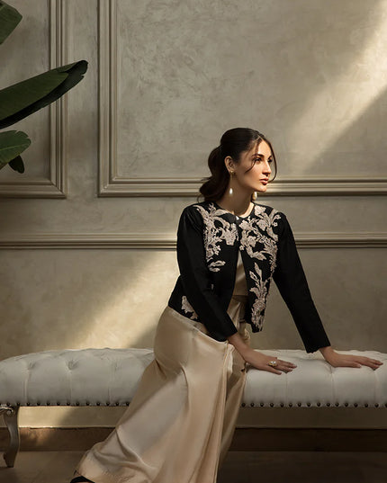 Black Embroidered Jacket With Tube And Skirt