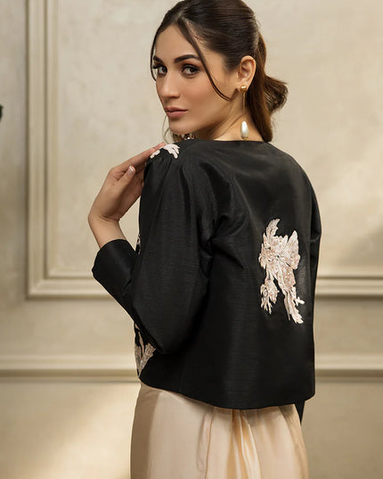 Black Embroidered Jacket With Tube And Skirt