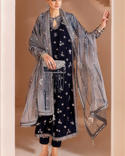 Fiya | Navy Luxury Velvet Embroidered Suit