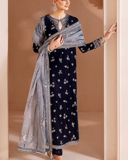Fiya | Navy Luxury Velvet Embroidered Suit