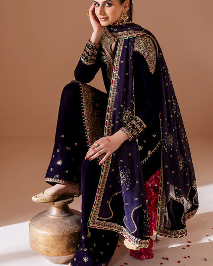 Keya | Navy Blue Pure Velvet Embroidered Farshi Shalwar