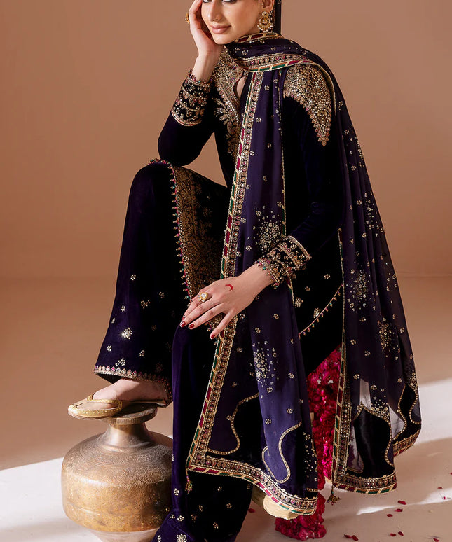 Keya | Navy Blue Pure Velvet Embroidered Farshi Shalwar