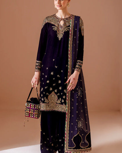 Keya | Navy Blue Pure Velvet Embroidered Farshi Shalwar