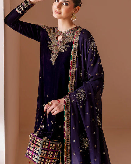 Keya | Navy Blue Pure Velvet Embroidered Farshi Shalwar