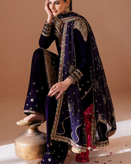 Keya | Navy Blue Pure Velvet Embroidered Farshi Shalwar
