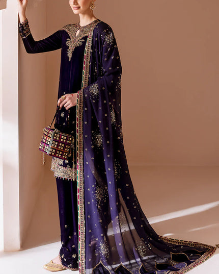Keya | Navy Blue Pure Velvet Embroidered Farshi Shalwar