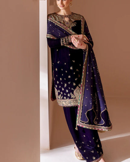 Keya | Navy Blue Pure Velvet Embroidered Farshi Shalwar