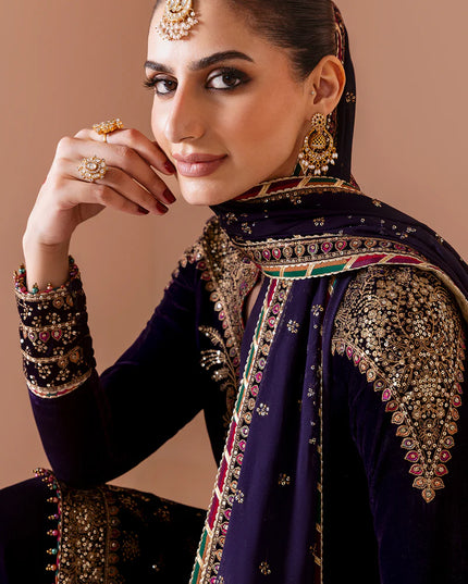 Keya | Navy Blue Pure Velvet Embroidered Farshi Shalwar