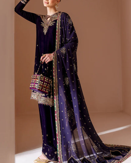Keya | Navy Blue Pure Velvet Embroidered Farshi Shalwar
