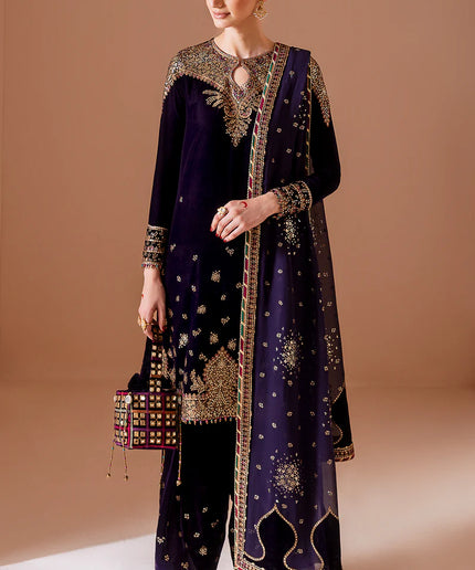 Keya | Navy Blue Pure Velvet Embroidered Farshi Shalwar