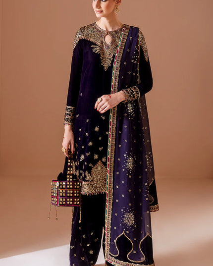 Keya | Navy Blue Pure Velvet Embroidered Farshi Shalwar