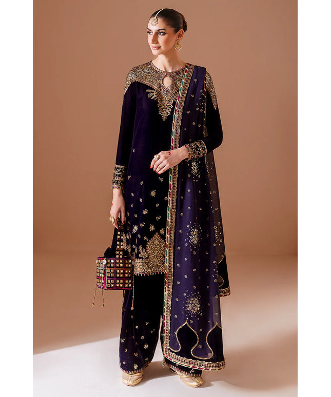 Keya | Navy Blue Pure Velvet Embroidered Farshi Shalwar