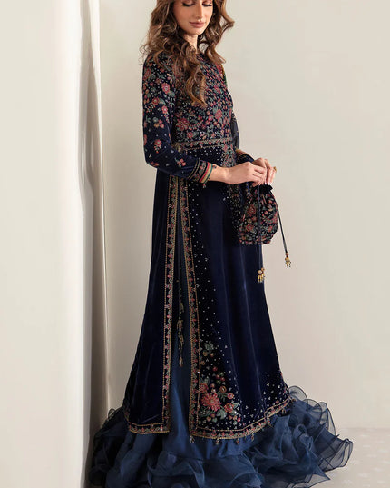 Keera | Navy Luxury Velvet Embroidered Dress