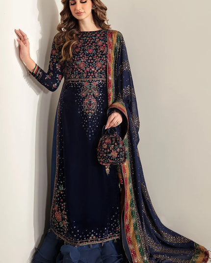 Keera | Navy Luxury Velvet Embroidered Dress