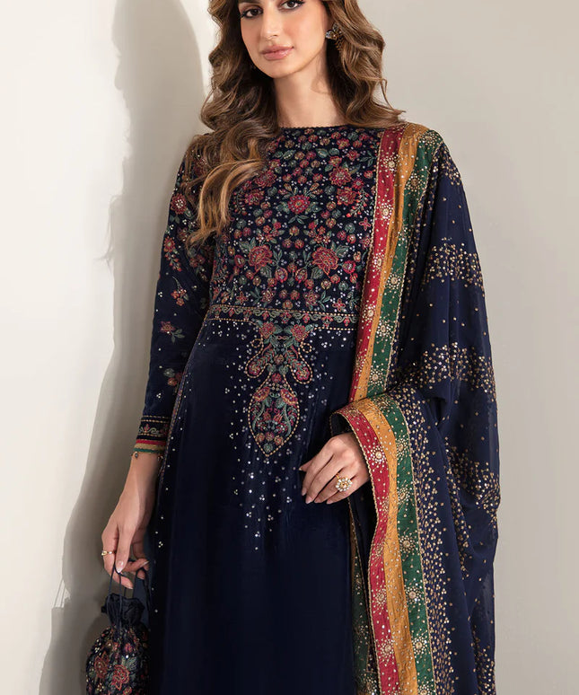 Keera | Navy Luxury Velvet Embroidered Dress
