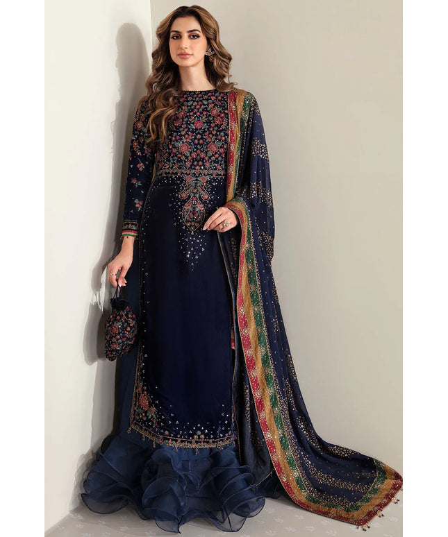 Keera | Navy Luxury Velvet Embroidered Dress
