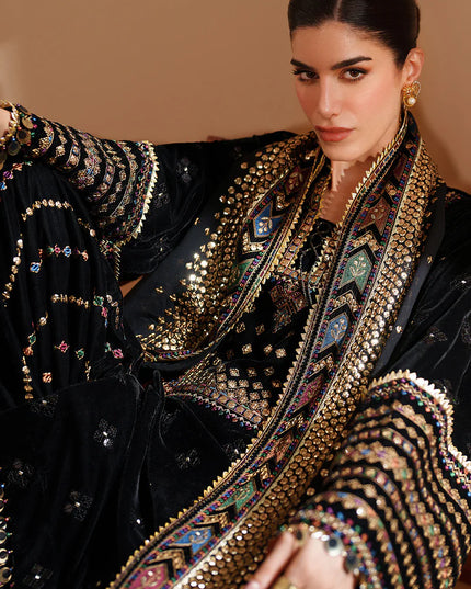 Ekam | Black Pure Velvet Embroidered Farshi Shalwar