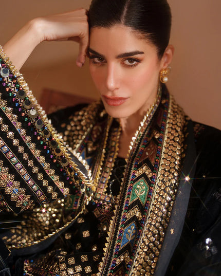 Ekam | Black Pure Velvet Embroidered Farshi Shalwar