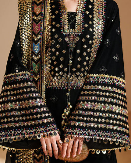Ekam | Black Pure Velvet Embroidered Farshi Shalwar