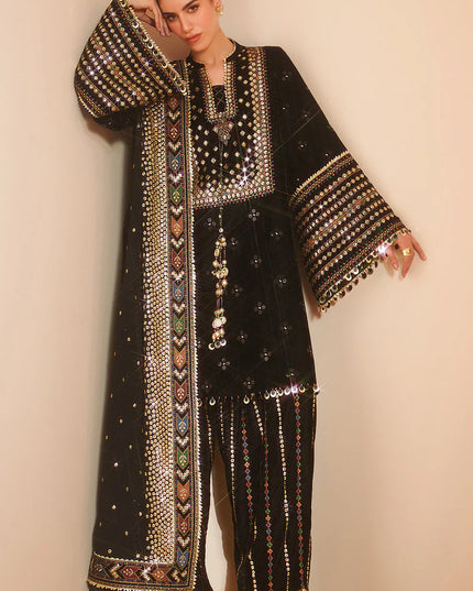 Ekam | Black Pure Velvet Embroidered Farshi Shalwar
