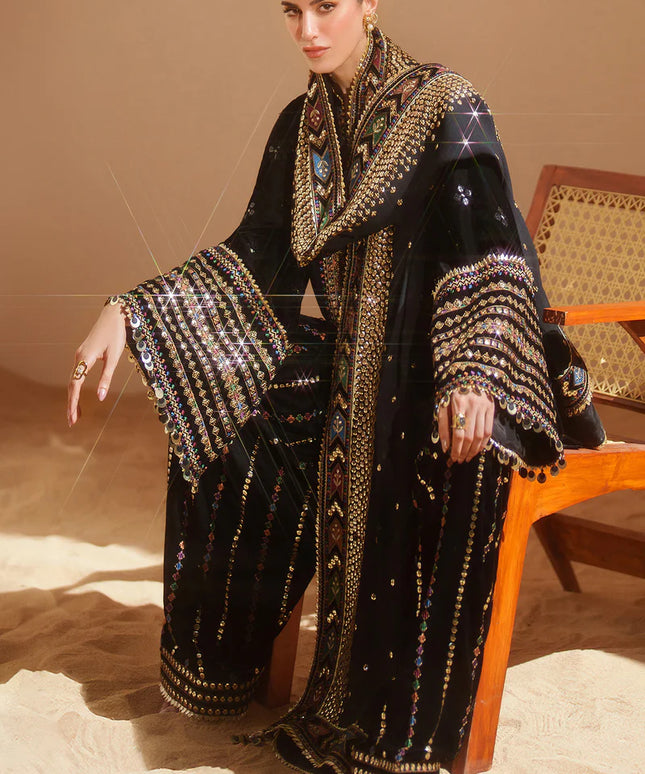 Ekam | Black Pure Velvet Embroidered Farshi Shalwar