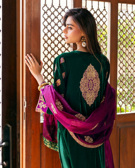Esha | Emerald Green Velvet Hand Embroidered Suit