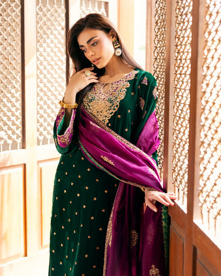 Esha | Emerald Green Velvet Hand Embroidered Suit