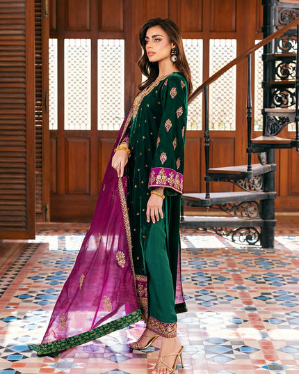 Esha | Emerald Green Velvet Hand Embroidered Suit