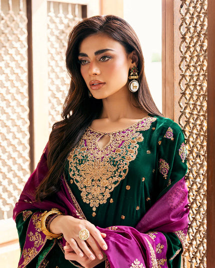 Esha | Emerald Green Velvet Hand Embroidered Suit